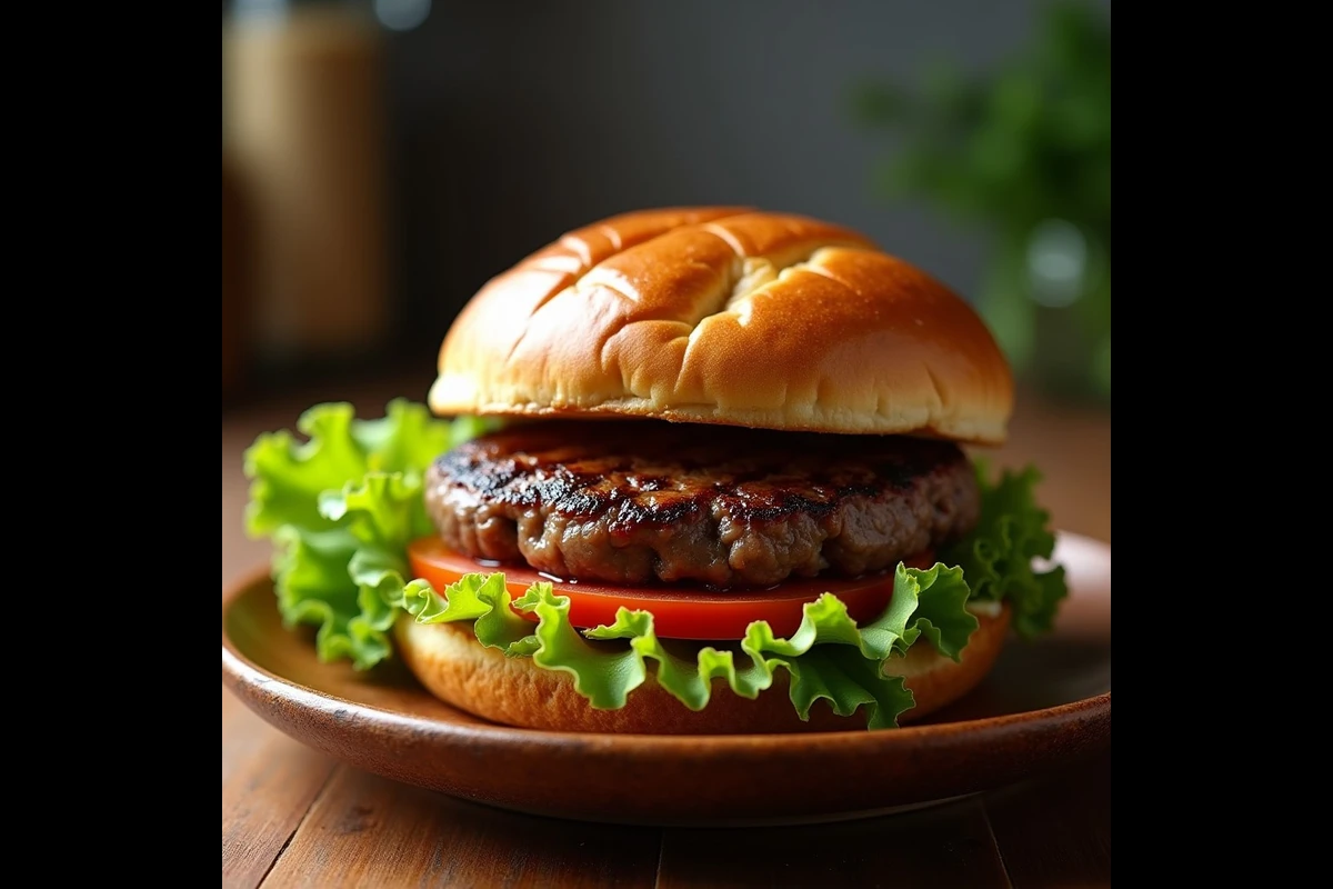 Perfect lean beef patty with toppings on a wooden plate