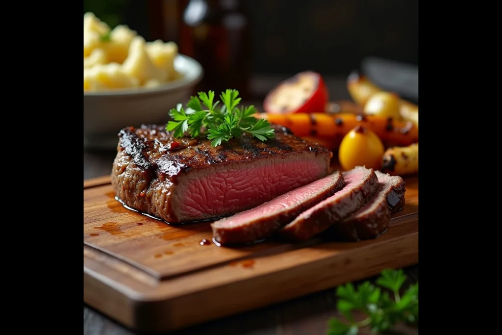 Perfectly cooked beef chuck eye steak sliced on a cutting board.