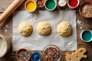 A baking station with cookie dough, natural food dyes, and sprinkles.