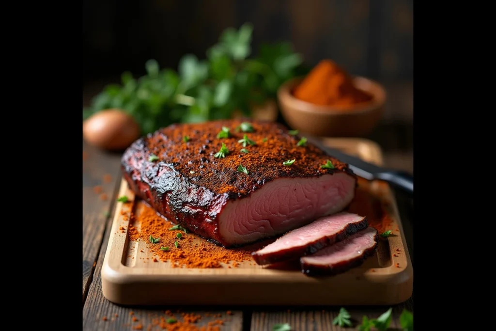 Smoked brisket with beef bouillon seasoning on a wooden cutting board