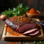 Smoked brisket with beef bouillon seasoning on a wooden cutting board
