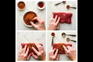 Applying beef bouillon spice rub to a brisket.