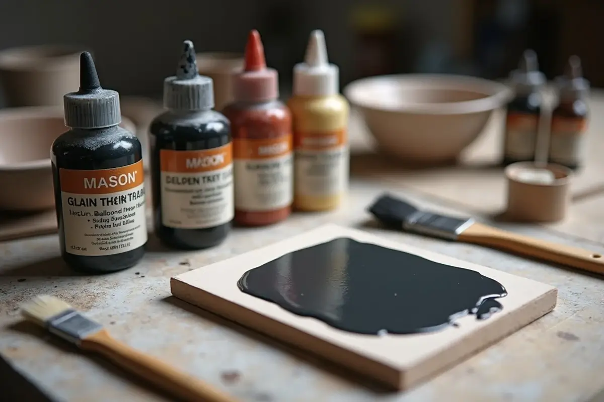 Workspace with materials for black stain pottery