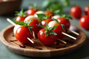 Mini Caprese skewers drizzled with balsamic glaze on a rustic plate