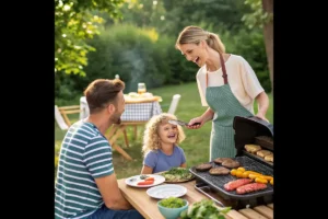 A family grilling steaks outdoors with vegetables and a picnic table nearby.