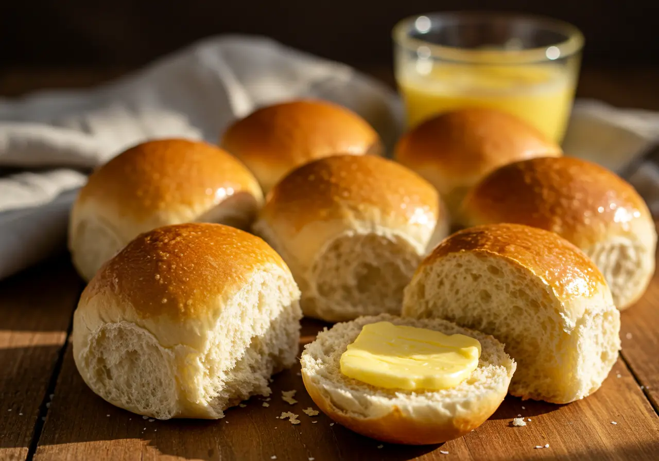 Freshly baked Golden Corral rolls with a buttery glaze.