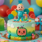 Cocomelon-themed birthday cake with fondant decorations and colorful accents