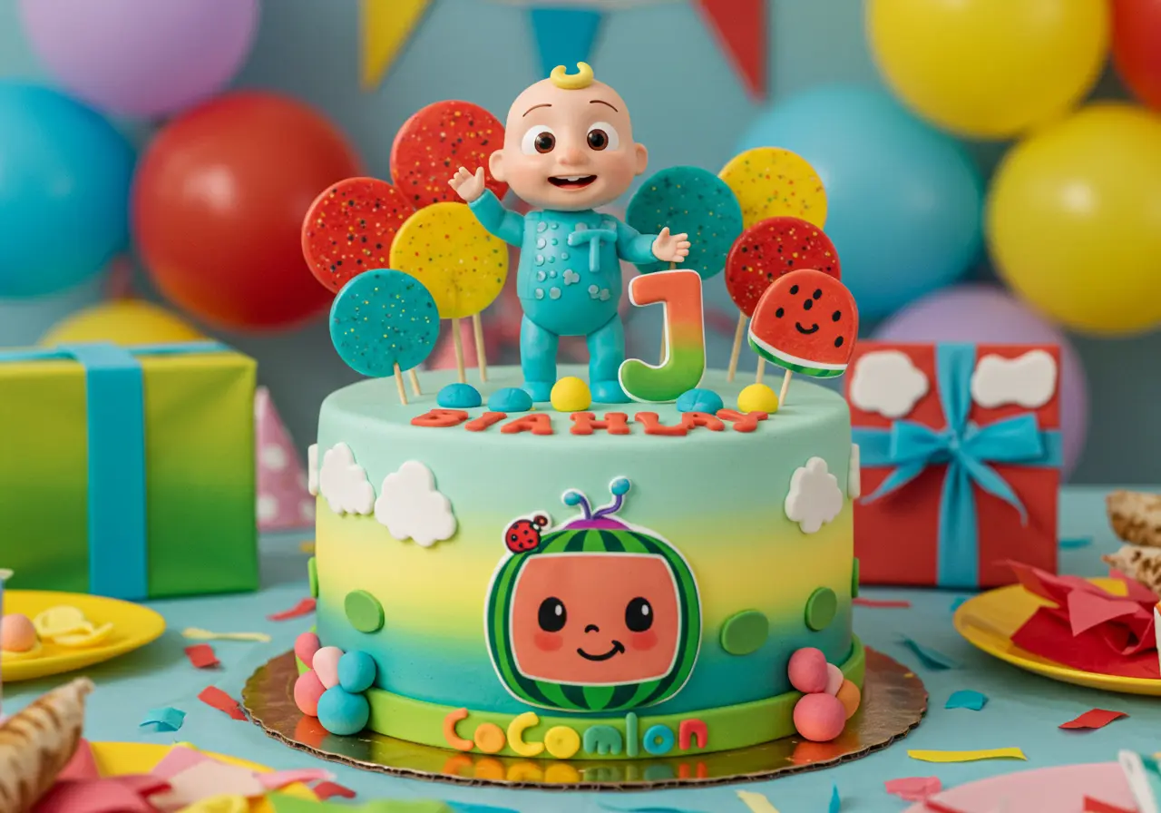 Cocomelon-themed birthday cake with fondant decorations and colorful accents