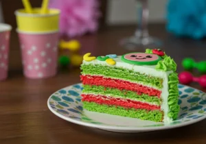 Close-up of a Cocomelon cake slice with green and red layers