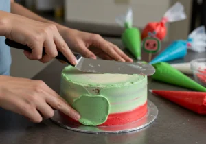 Step-by-step decorating of a Cocomelon cake with frosting and fondant toppers