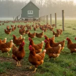 Cinnamon Queen chickens roaming freely on a farm