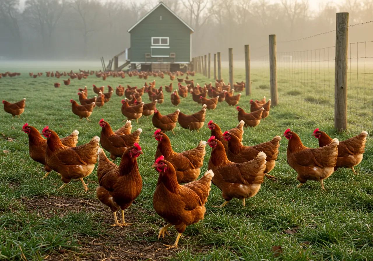 Cinnamon Queen chickens roaming freely on a farm