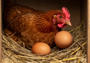 Cinnamon Queen hen laying a brown egg in a nesting box