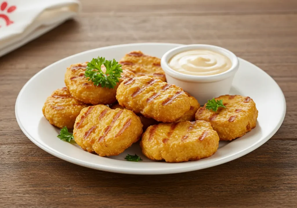 Plate of Chick-fil-A Grilled Nuggets with dipping sauce on a rustic table