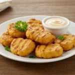 Plate of Chick-fil-A Grilled Nuggets with dipping sauce on a rustic table