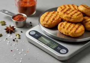 Chick-fil-A Grilled Nuggets with nutritional details on a digital food scale