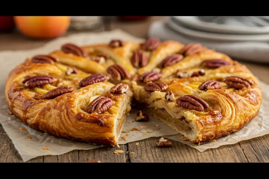 Golden brown apple and pecan Danish pastry tart with flaky layers and glazed topping