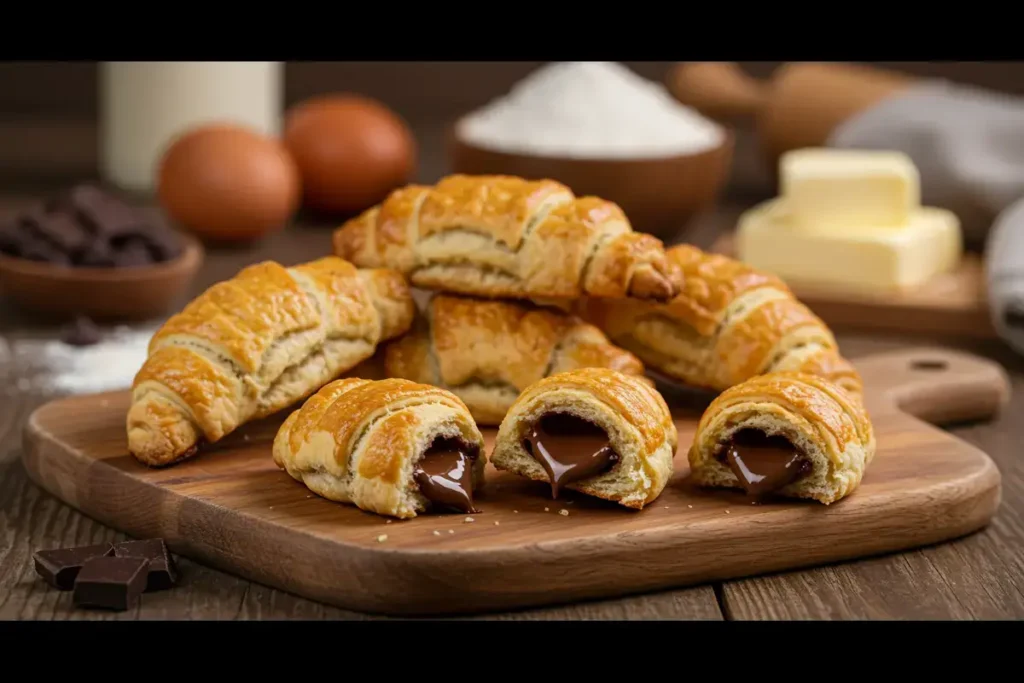 Freshly baked crookies with chocolate filling on a rustic board.