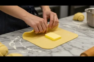 Laminating dough for Danish pastries with butter layers on a marble counter