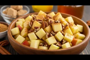 Diced apples and toasted pecans mixed with spices in a wooden bowl