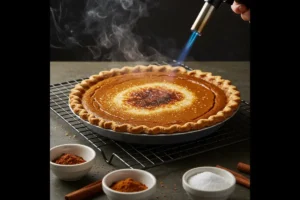 Milk Bar Pumpkin Pie being caramelized with a culinary torch