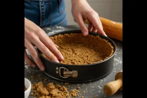 Hands pressing cookie crust into a springform pan for Milk Bar Pumpkin Pie