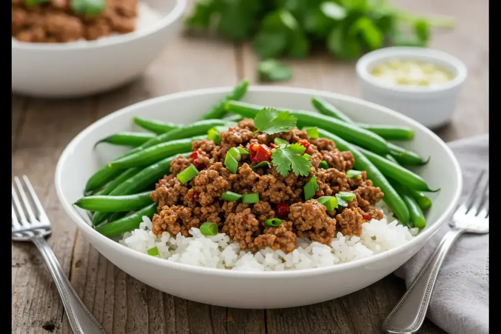 Kidney-friendly ground beef bowl with green beans and rice