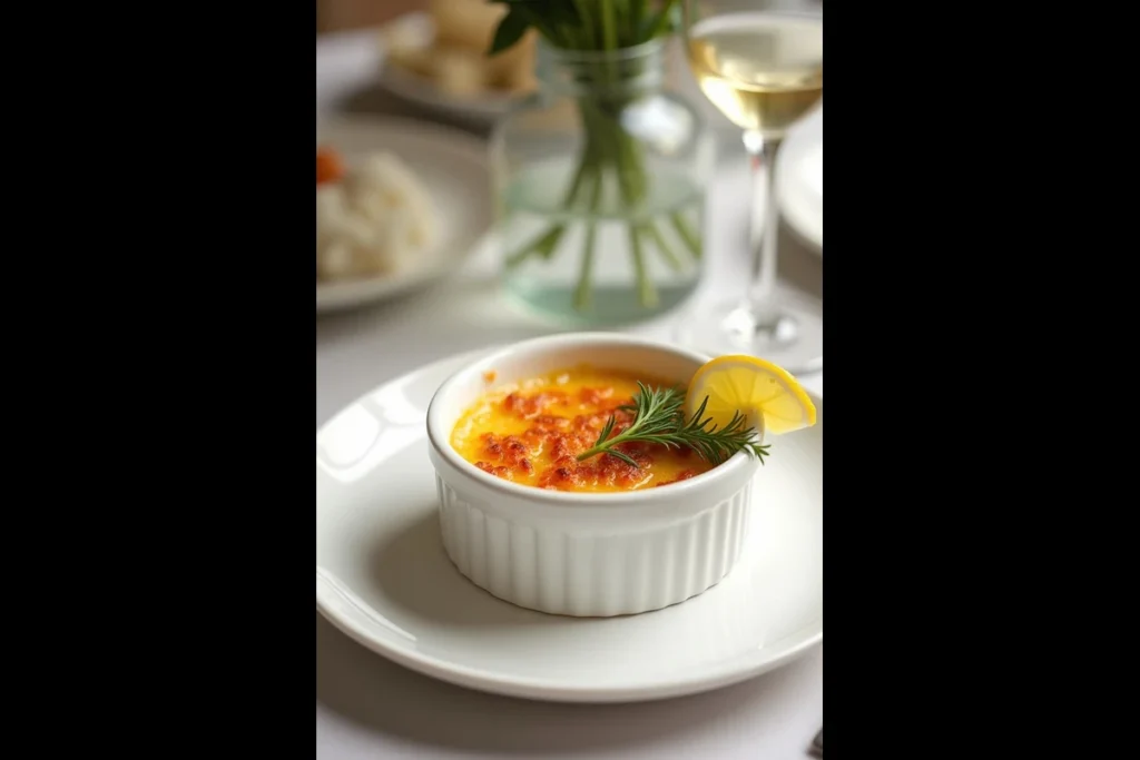 Perfectly plated crab brûlée with caramelized sugar crust.