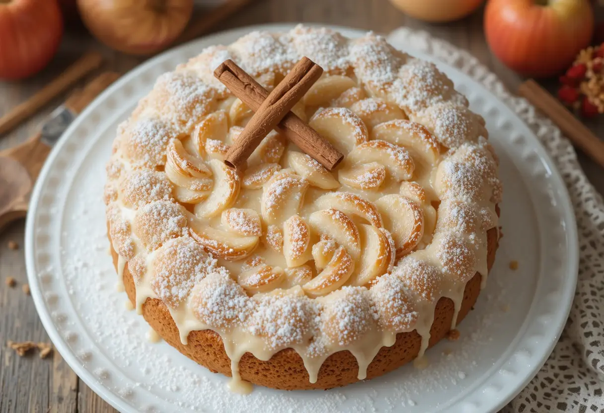 Overhead shot of a creamy apple pie cake with powdered sugar glaze