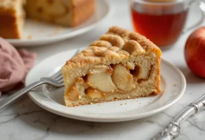 Close-up of a slice of creamy apple pie cake on a plate