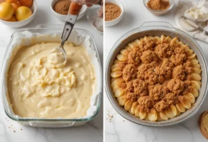 Process shot of assembling apple pie cake batter and apples