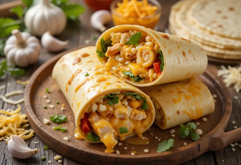 Cheesy garlic chicken wraps sliced open with melted cheese and grilled chicken