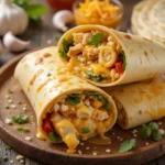 Cheesy garlic chicken wraps sliced open with melted cheese and grilled chicken