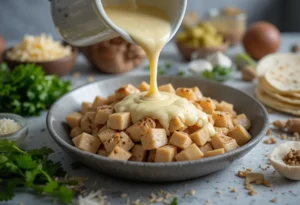 Creamy garlic sauce being poured over diced grilled chicken