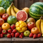 A colorful display of apples, strawberries, mangoes, watermelons, and bananas on a rustic wooden table
