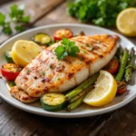 Grilled fish and veggie plate with zucchini, bell peppers, and lemon wedges