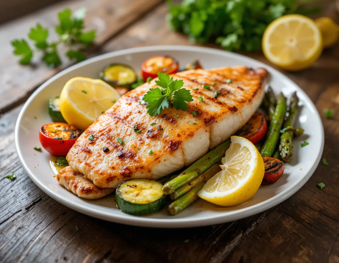 Grilled fish and veggie plate with zucchini, bell peppers, and lemon wedges