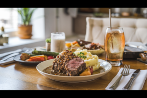 Dinner table with slow-cooked beef short ribs, mashed potatoes, and vegetables