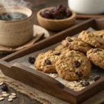 Freshly baked oatmeal raisin cookies on a wooden tray.