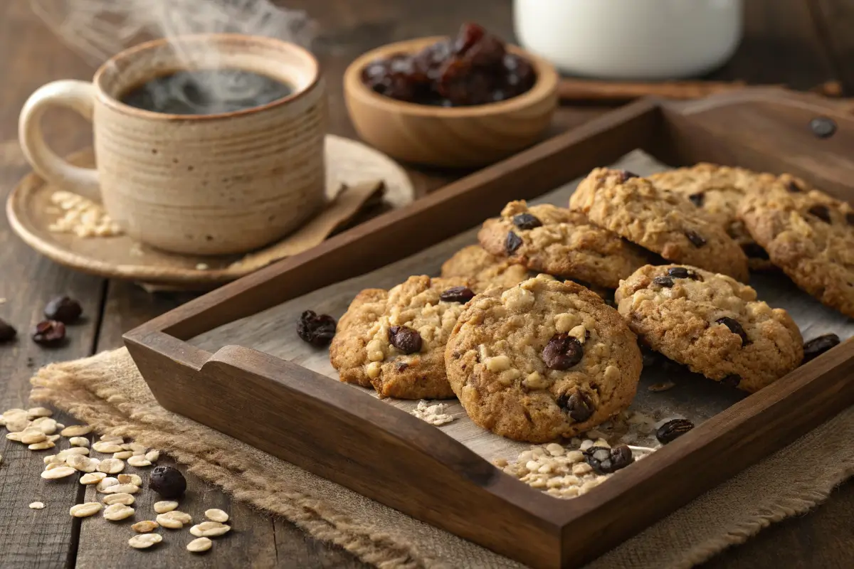 Freshly baked oatmeal raisin cookies on a wooden tray.