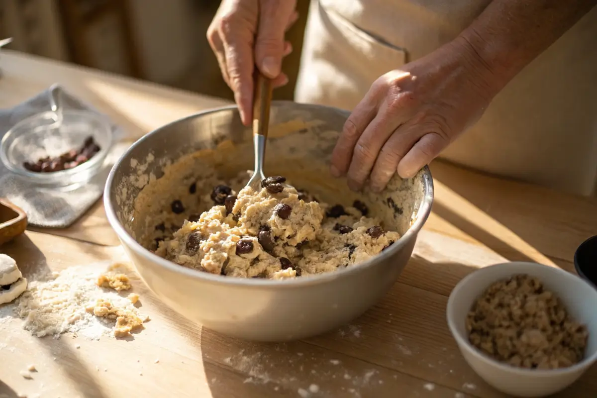 Hands mixing oatmeal raisin cookie dough with a wooden spoon.