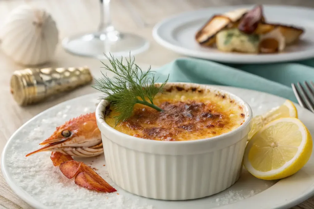 Perfectly plated crab brûlée with caramelized sugar crust